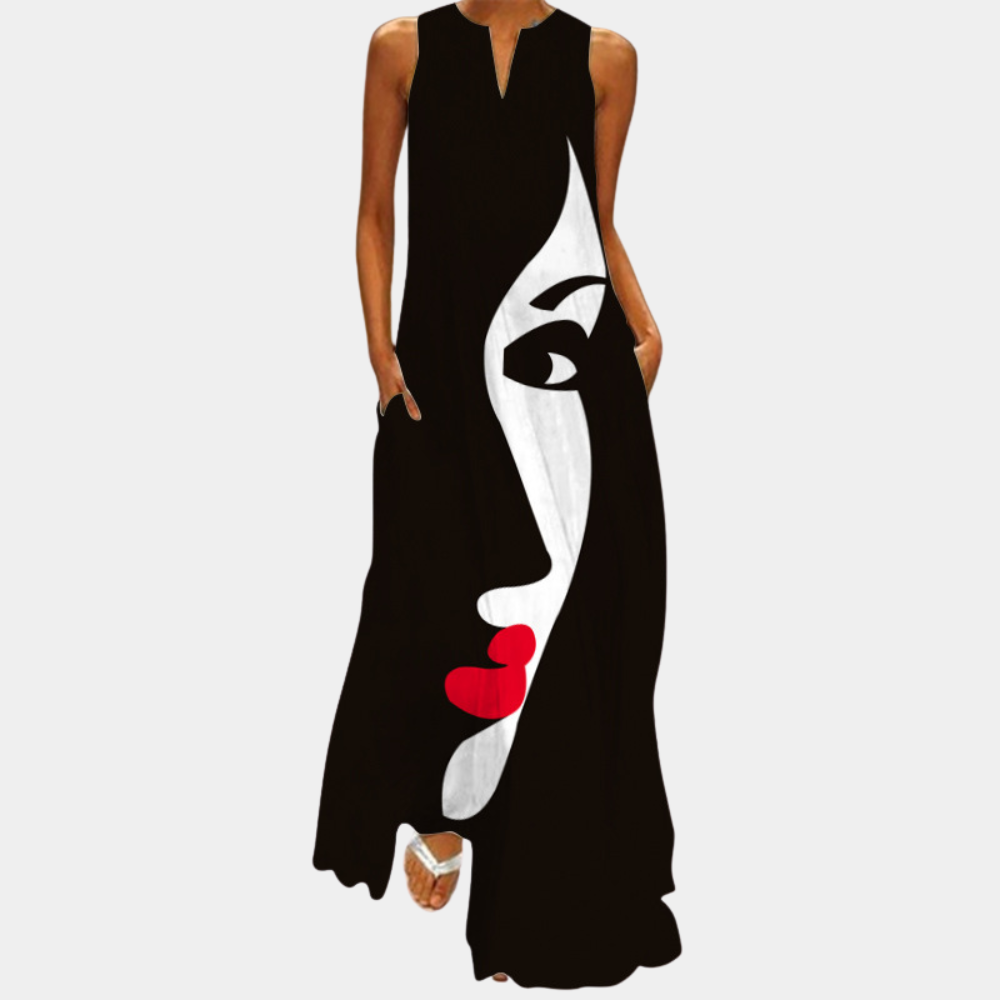 Women's Maxi Dress - Sleeveless - Loose Fit - Graphic Print - Elegant Ankle Length