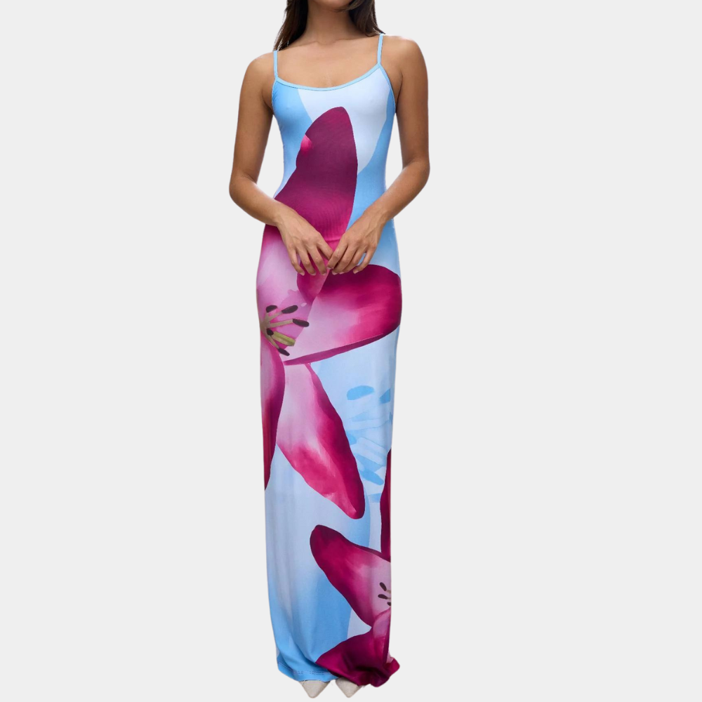 Women's Maxi Dress - Sleeveless with Straps - Floral Elegant Figure-Hugging Design