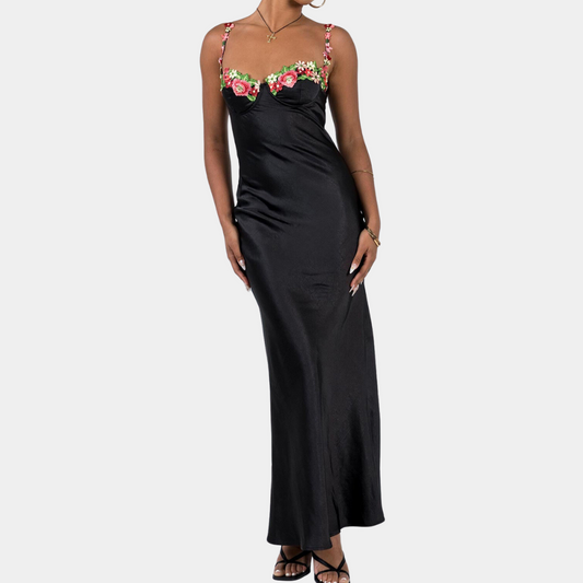 Women's Slip Dress - Satin Look - Tailored Fit - Embroidered Bustier - Elegant Party Dress