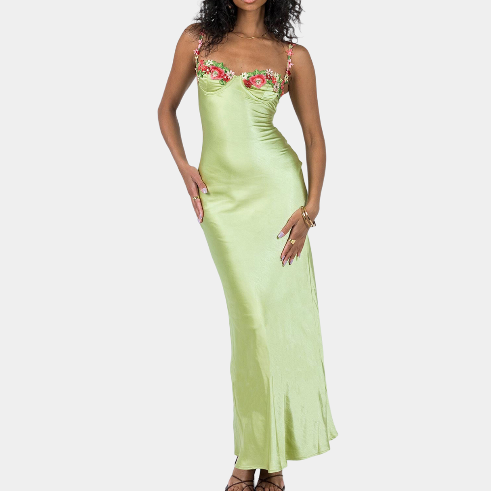 Women's Slip Dress - Satin Look - Tailored Fit - Embroidered Bustier - Elegant Party Dress