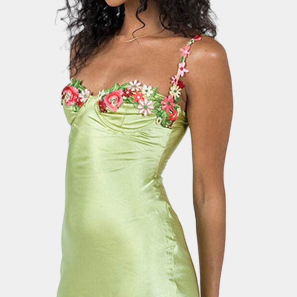 Women's Slip Dress - Satin Look - Tailored Fit - Embroidered Bustier - Elegant Party Dress