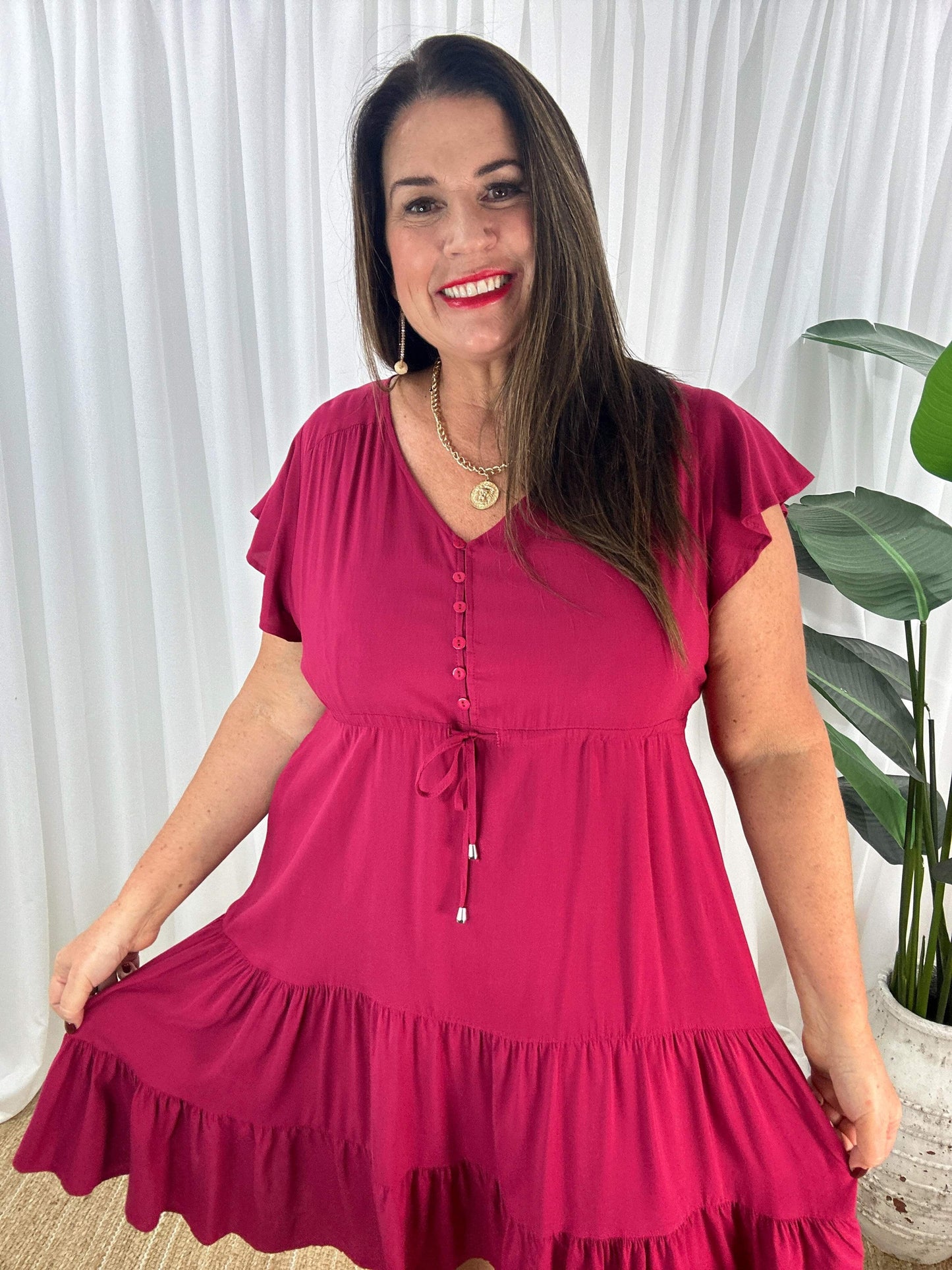 Women's Dress - V-neck - Button Closure - Adjustable Waist - Short Sleeves - Loose Fit