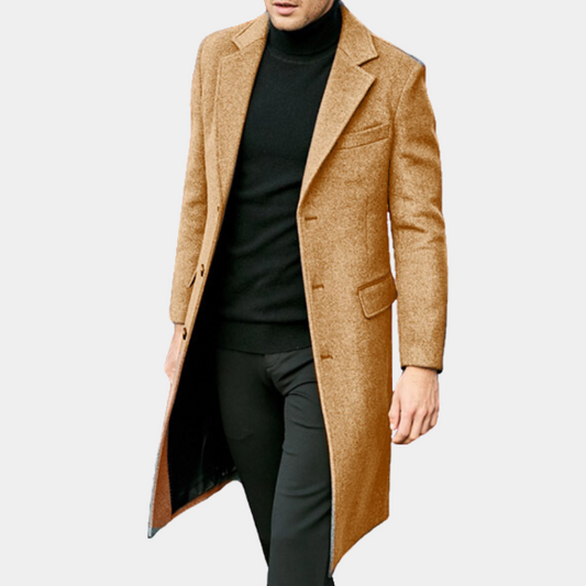 Men's Trench Coat – Tailored Fit – Wool Look – Single Breasted – Notch Lapel – Knee Length