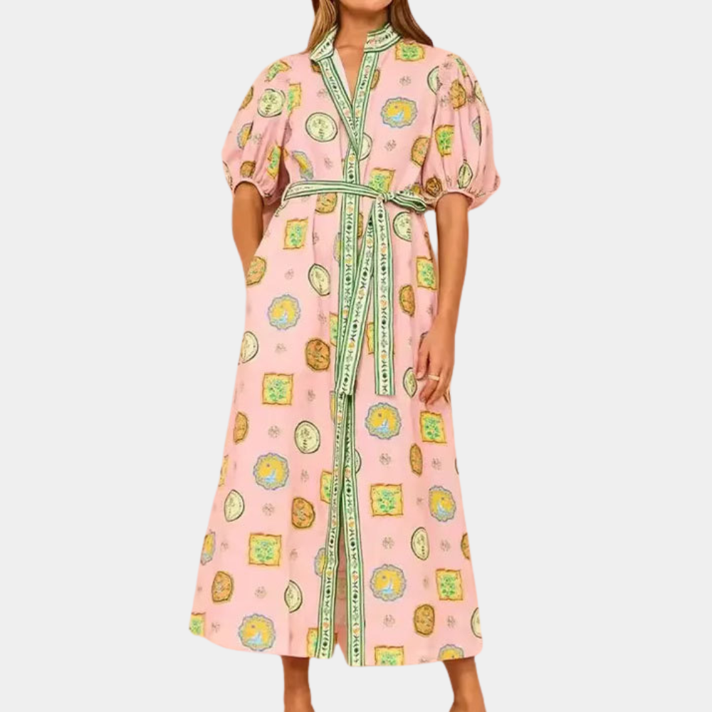 Women's Maxi Dress - V-Neck - Short Puff Sleeve - With Belt - Elegant Print