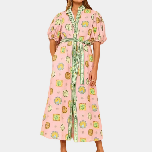 Women's Maxi Dress - V-Neck - Short Puff Sleeve - With Belt - Elegant Print