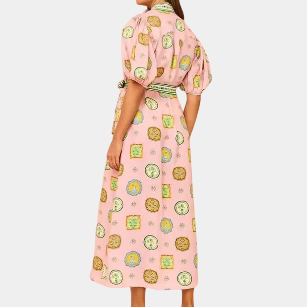 Women's Maxi Dress - V-Neck - Short Puff Sleeve - With Belt - Elegant Print