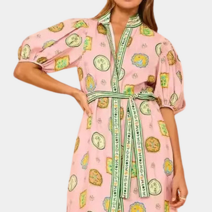 Women's Maxi Dress - V-Neck - Short Puff Sleeve - With Belt - Elegant Print