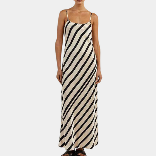 Women's Slip Dress - Long Elegant Fit - Silk/Satin - Spaghetti Straps - Striped