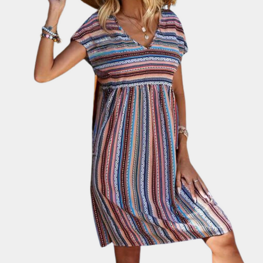 Women's Dress - Relaxed Fit - V-neck - Knee-length - Short Sleeves - Striped Pattern