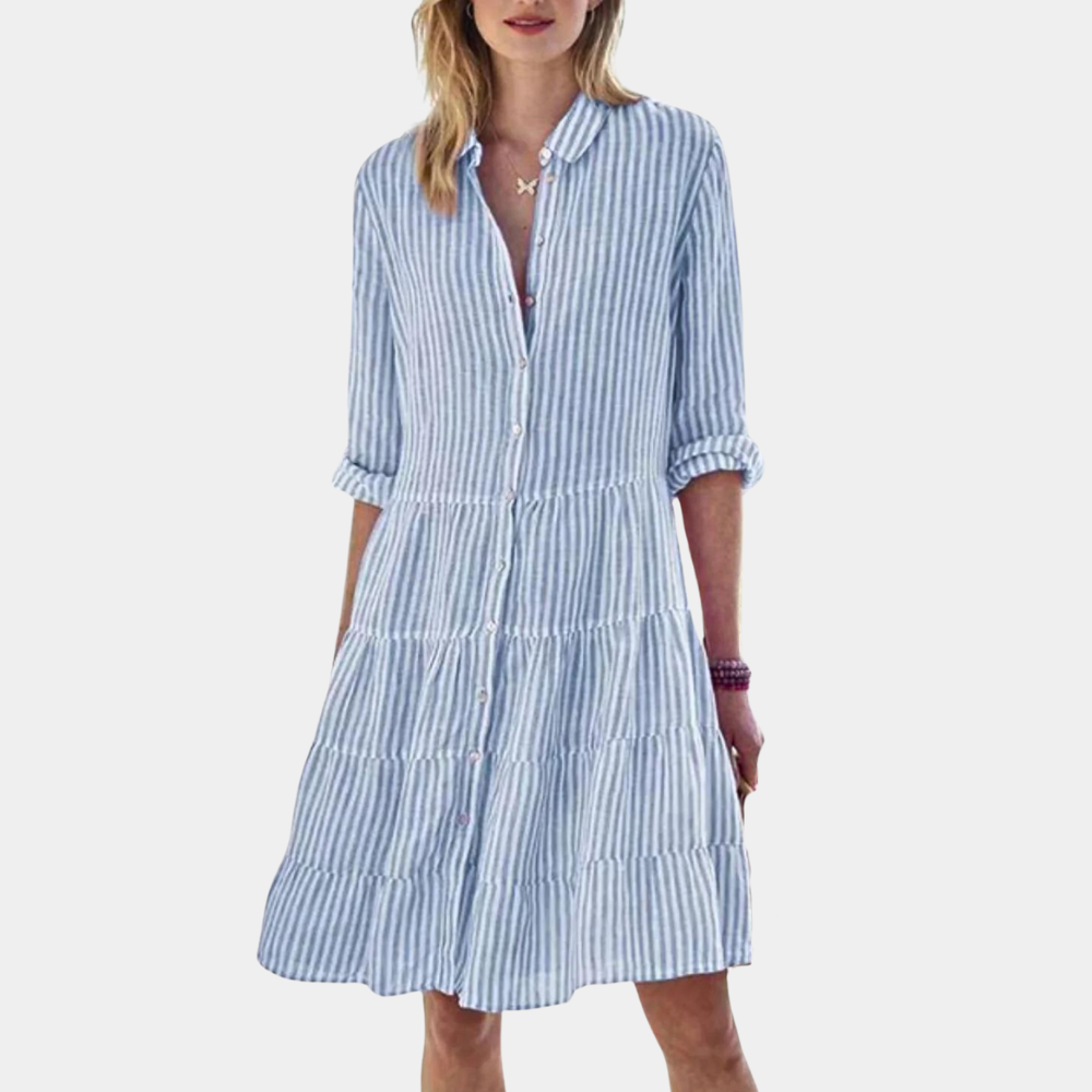 Women's Shirt Dress - Button Closure - Long Sleeved - Structured Layered Design - Light and Breathable