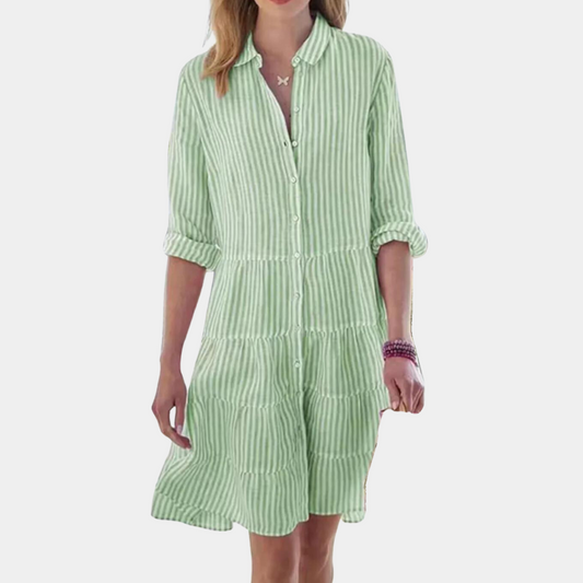 Women's Shirt Dress - Button Closure - Long Sleeved - Structured Layered Design - Light and Breathable