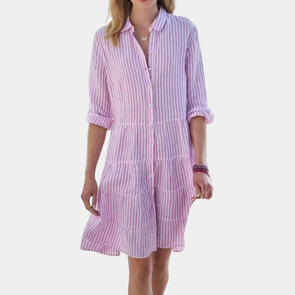 Women's Shirt Dress - Button Closure - Long Sleeved - Structured Layered Design - Light and Breathable