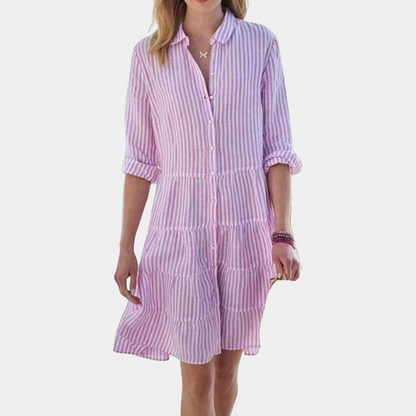 Women's Shirt Dress - Button Closure - Long Sleeved - Structured Layered Design - Light and Breathable