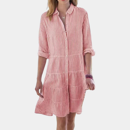 Women's Shirt Dress - Button Closure - Long Sleeved - Structured Layered Design - Light and Breathable