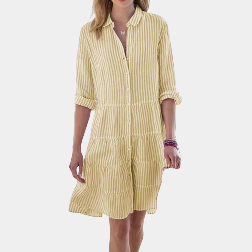 Women's Shirt Dress - Button Closure - Long Sleeved - Structured Layered Design - Light and Breathable