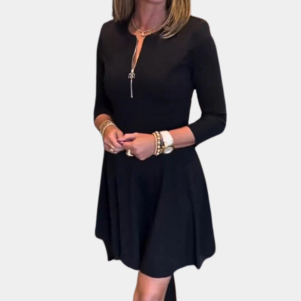 Women's Dress - A-line Fit - Three-quarter Sleeves - Round Neck with Zipper - Above the Knee