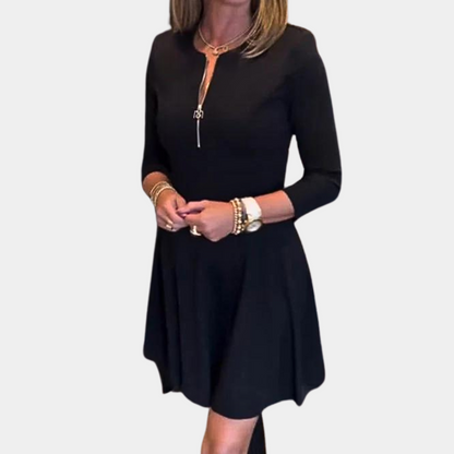 Women's Dress - A-line Fit - Three-quarter Sleeves - Round Neck with Zipper - Above the Knee