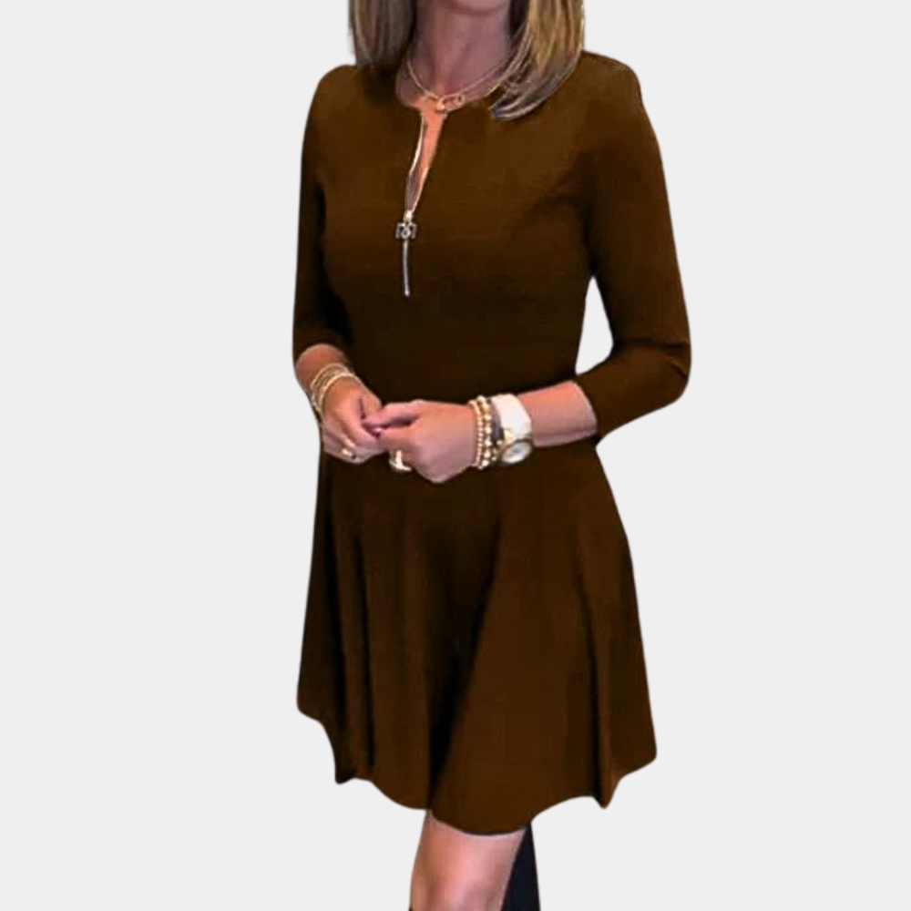 Women's Dress - A-line Fit - Three-quarter Sleeves - Round Neck with Zipper - Above the Knee