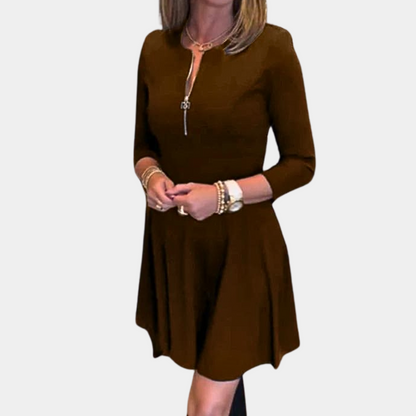 Women's Dress - A-line Fit - Three-quarter Sleeves - Round Neck with Zipper - Above the Knee