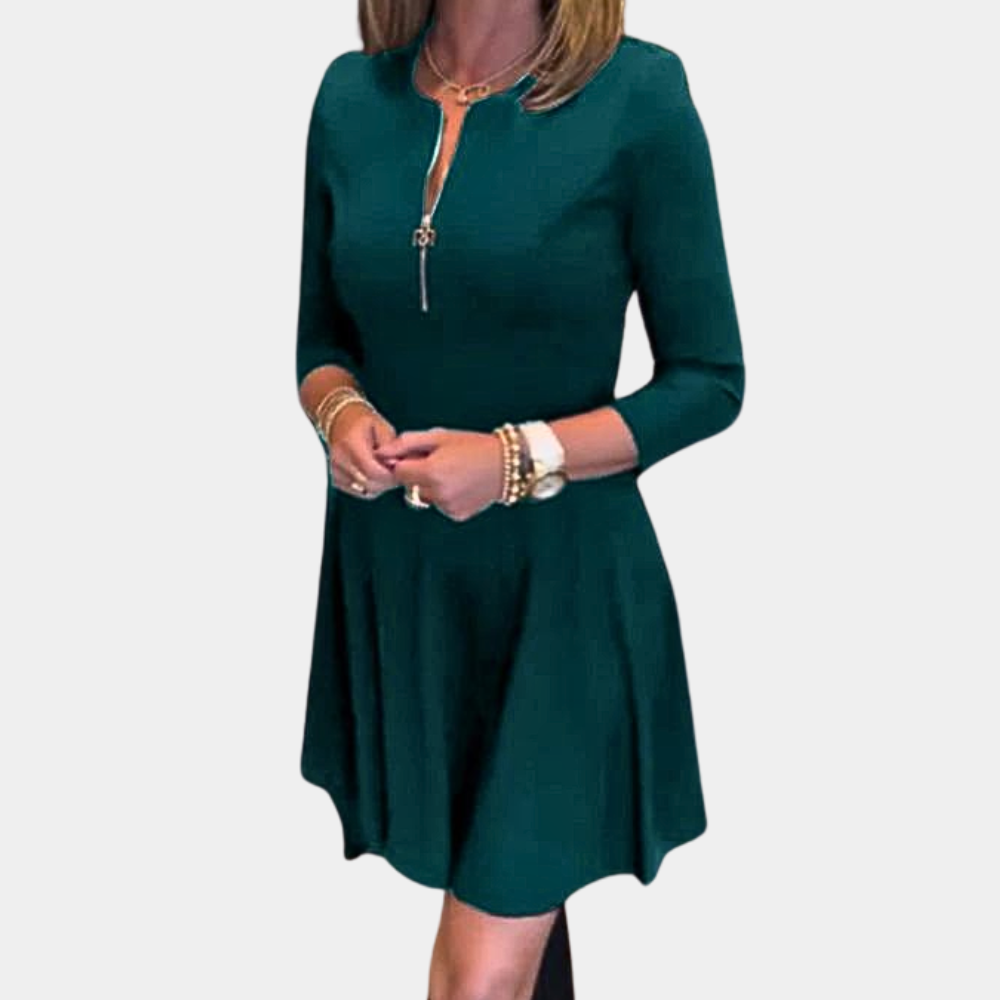 Women's Dress - A-line Fit - Three-quarter Sleeves - Round Neck with Zipper - Above the Knee