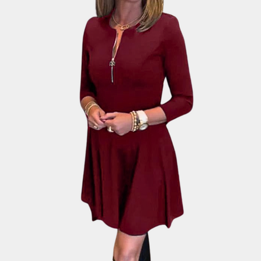 Women's Dress - A-line Fit - Three-quarter Sleeves - Round Neck with Zipper - Above the Knee
