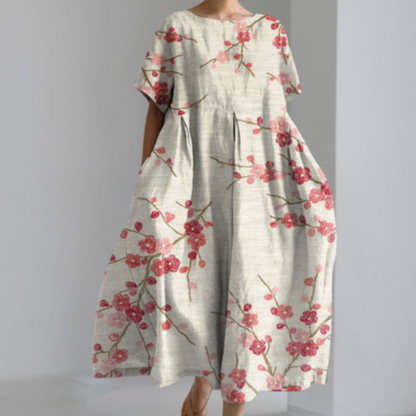Women's Maxi Dress - Loose Fit - Long Sleeves - Round Neck - Floral Design