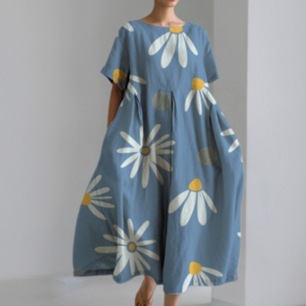 Women's Maxi Dress - Loose Fit - Long Sleeves - Round Neck - Floral Design