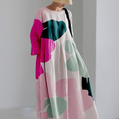 Women's Maxi Dress - Loose Fit - Long Sleeves - Round Neck - Floral Design