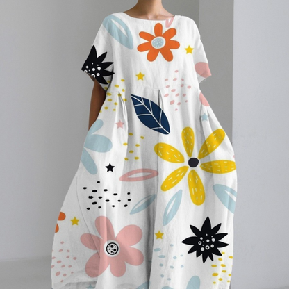 Women's Maxi Dress - Loose Fit - Long Sleeves - Round Neck - Floral Design