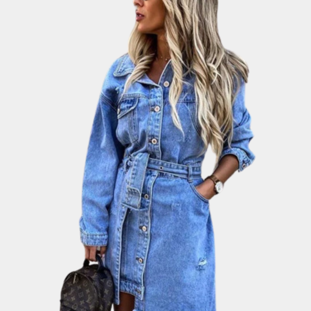 Women's Shirt Dress - Denim - Knee Length - Long Sleeved with Belt and Button Closure