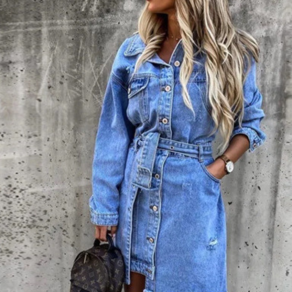 Women's Shirt Dress - Denim - Knee Length - Long Sleeved with Belt and Button Closure