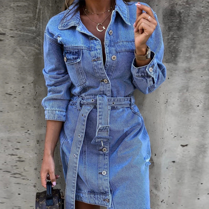 Women's Shirt Dress - Denim - Knee Length - Long Sleeved with Belt and Button Closure