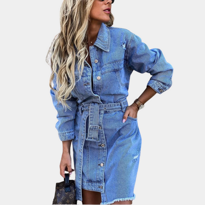 Women's Shirt Dress - Denim - Knee Length - Long Sleeved with Belt and Button Closure