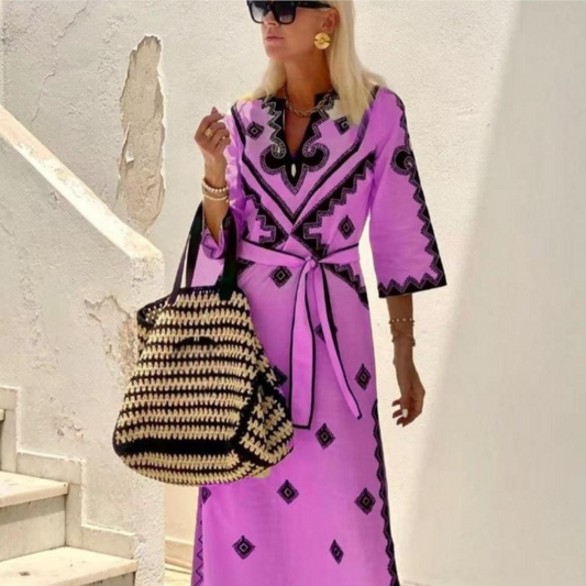 Women's Maxi Dress - Embroidered Pattern - 3/4 Sleeves - V-Neck - Tie Belt - Loose Fit