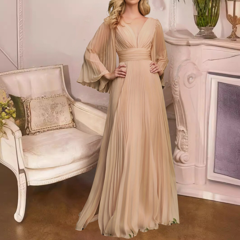 Women's Maxi Dress - Chiffon - A-line - Long-sleeved - Pleated - V-neck - Elegant Party Dress