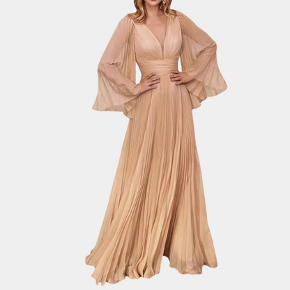 Women's Maxi Dress - Chiffon - A-line - Long-sleeved - Pleated - V-neck - Elegant Party Dress