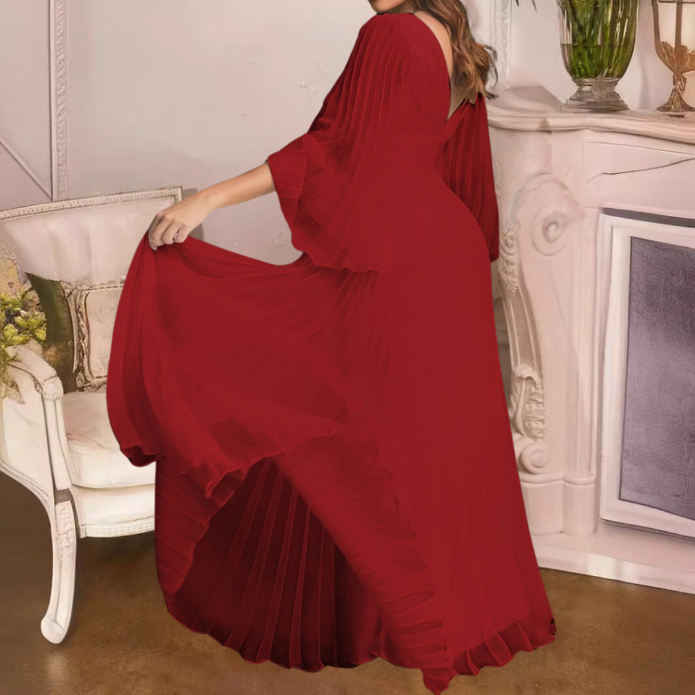 Women's Maxi Dress - Chiffon - A-line - Long-sleeved - Pleated - V-neck - Elegant Party Dress