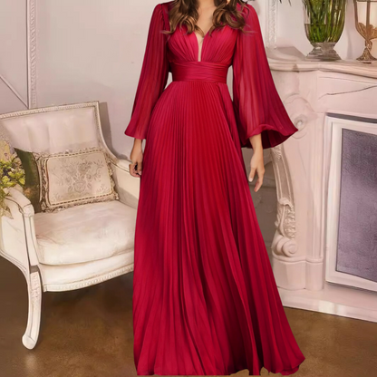 Women's Maxi Dress - Chiffon - A-line - Long-sleeved - Pleated - V-neck - Elegant Party Dress