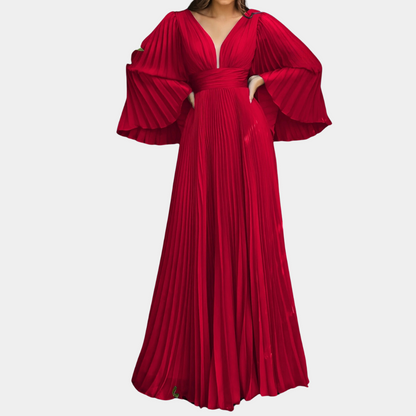 Women's Maxi Dress - Chiffon - A-line - Long-sleeved - Pleated - V-neck - Elegant Party Dress