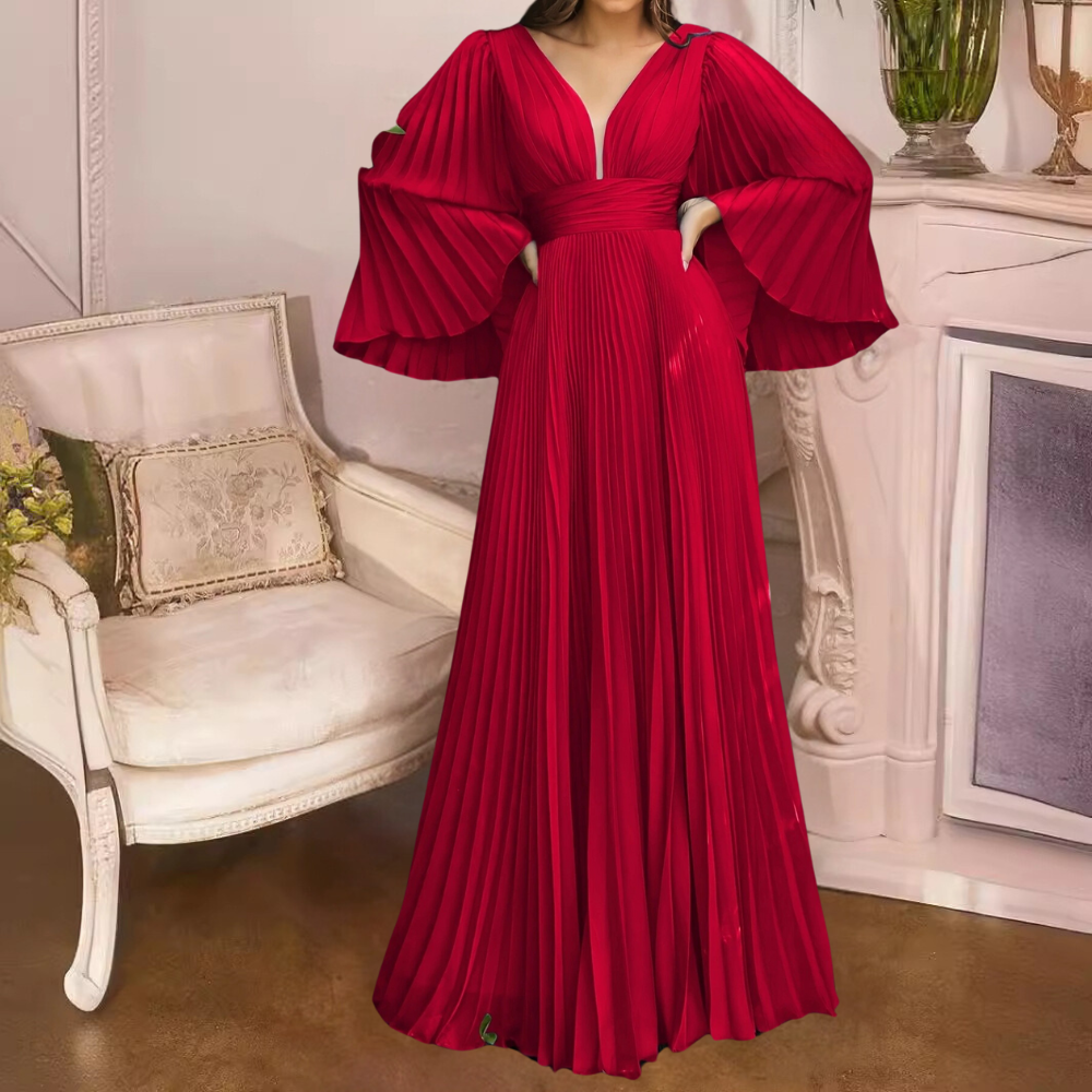 Women's Maxi Dress - Chiffon - A-line - Long-sleeved - Pleated - V-neck - Elegant Party Dress