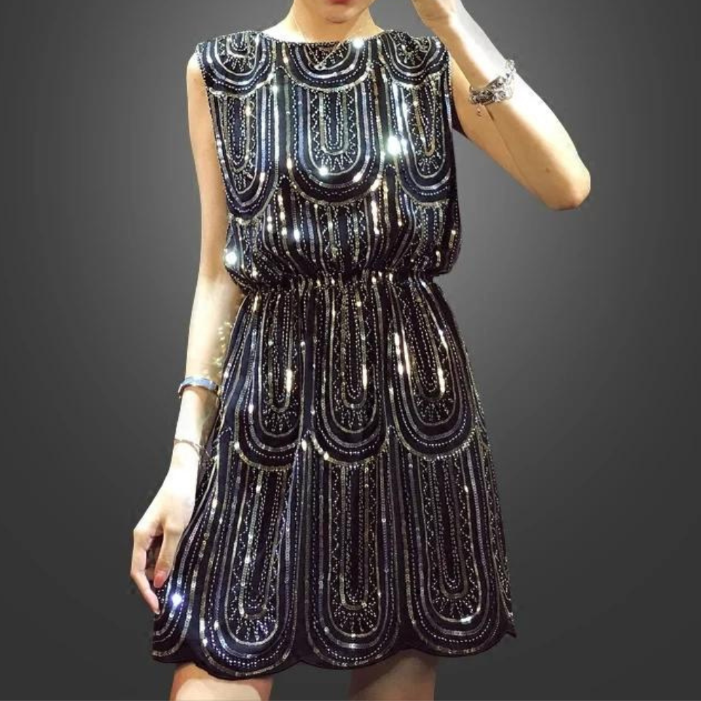 Women's Mini Dress - Sleeveless A-line - Sequin Decoration - Elegant Party Dress