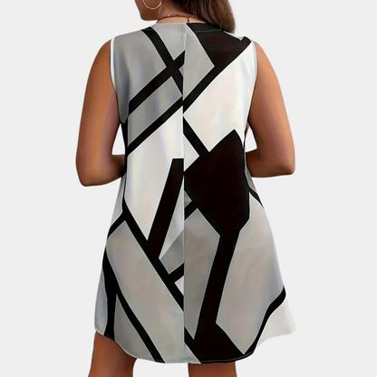 Women's Dress - Sleeveless with V-neck - Loose Fit - Geometric Pattern