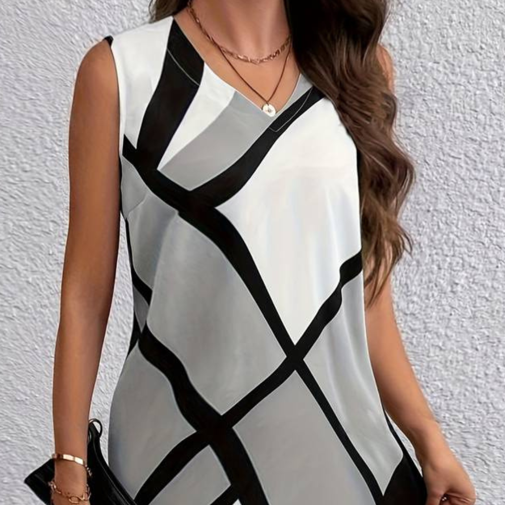 Women's Dress - Sleeveless with V-neck - Loose Fit - Geometric Pattern