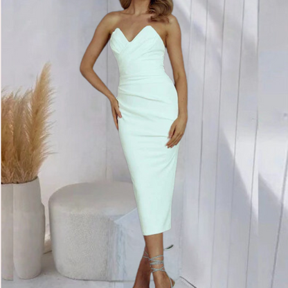 Women's Strapless Bodycon Dress - Sweetheart Neckline - Ruched Detail - Midi Length