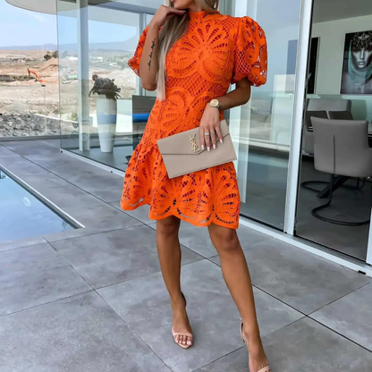 Women's Lace Dress - Short Sleeves - Hollow Pattern - Elegant and Light Design