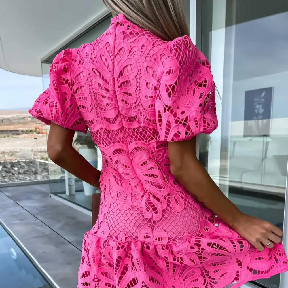 Women's Lace Dress - Short Sleeves - Hollow Pattern - Elegant and Light Design