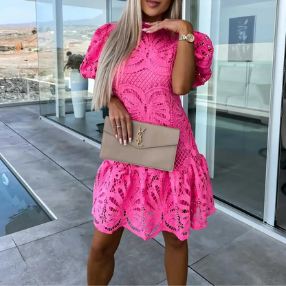 Women's Lace Dress - Short Sleeves - Hollow Pattern - Elegant and Light Design