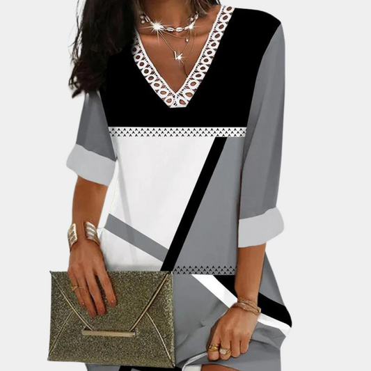 Women's Dress - V-Neck Lace Details - 3/4 Sleeves - Elegant Geometric Pattern