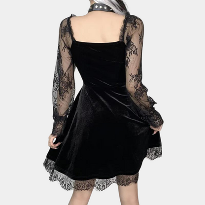 Women's Dress - Velvet - Fit & Flare - Lace - Lace Sleeves - Elegant Party Dress