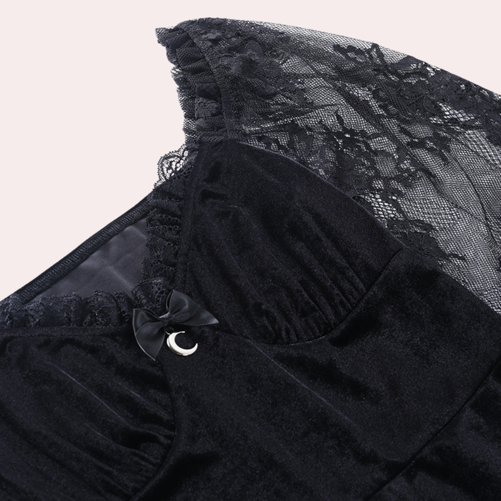 Women's Dress - Velvet - Fit & Flare - Lace - Lace Sleeves - Elegant Party Dress